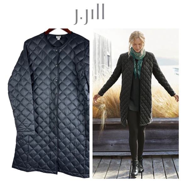 J Jill Down Jacket Coat Sz Large 12 14 Black Quilted Down Filled Puffer - Picture 1 of 5